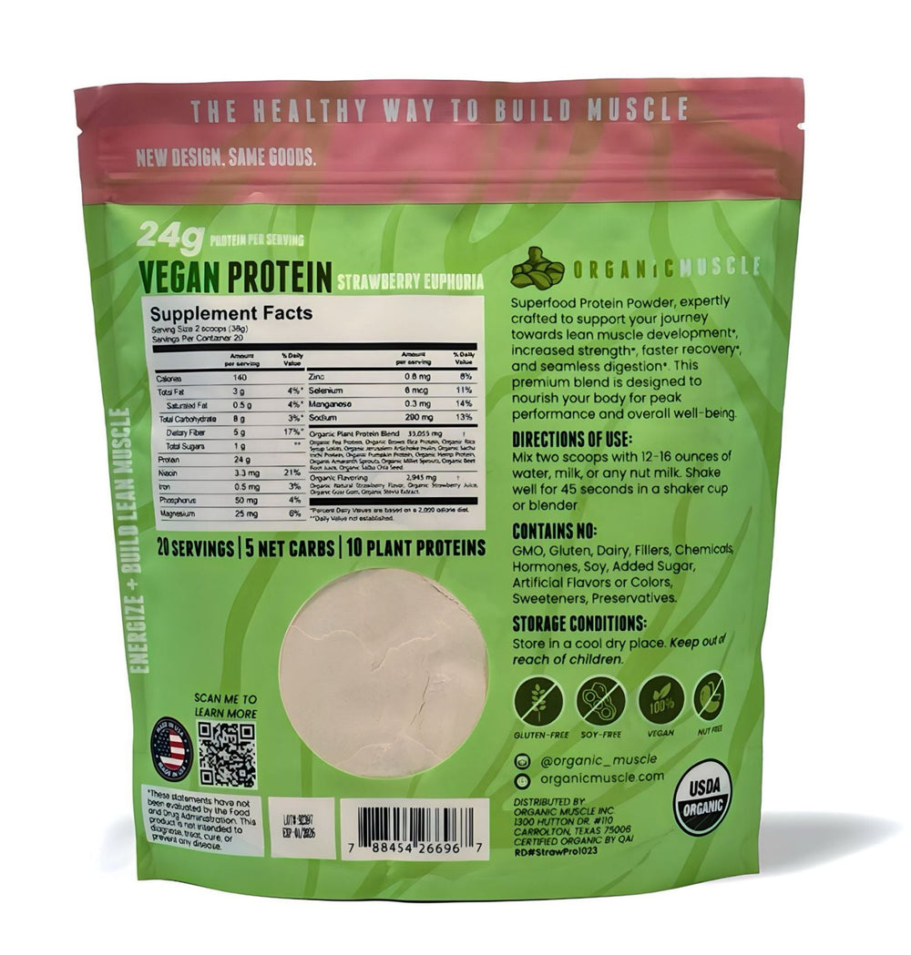 Organic Vegan Protein - Strawberry - Organic Muscle Fitness SupplementsOrganic Muscle SupplementsOrganic Muscle Fitness Supplements
